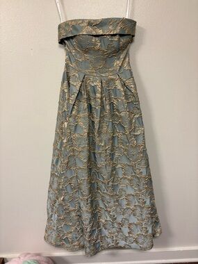 Azazie Strapless Blue Dress with Gold Floral Brocade
